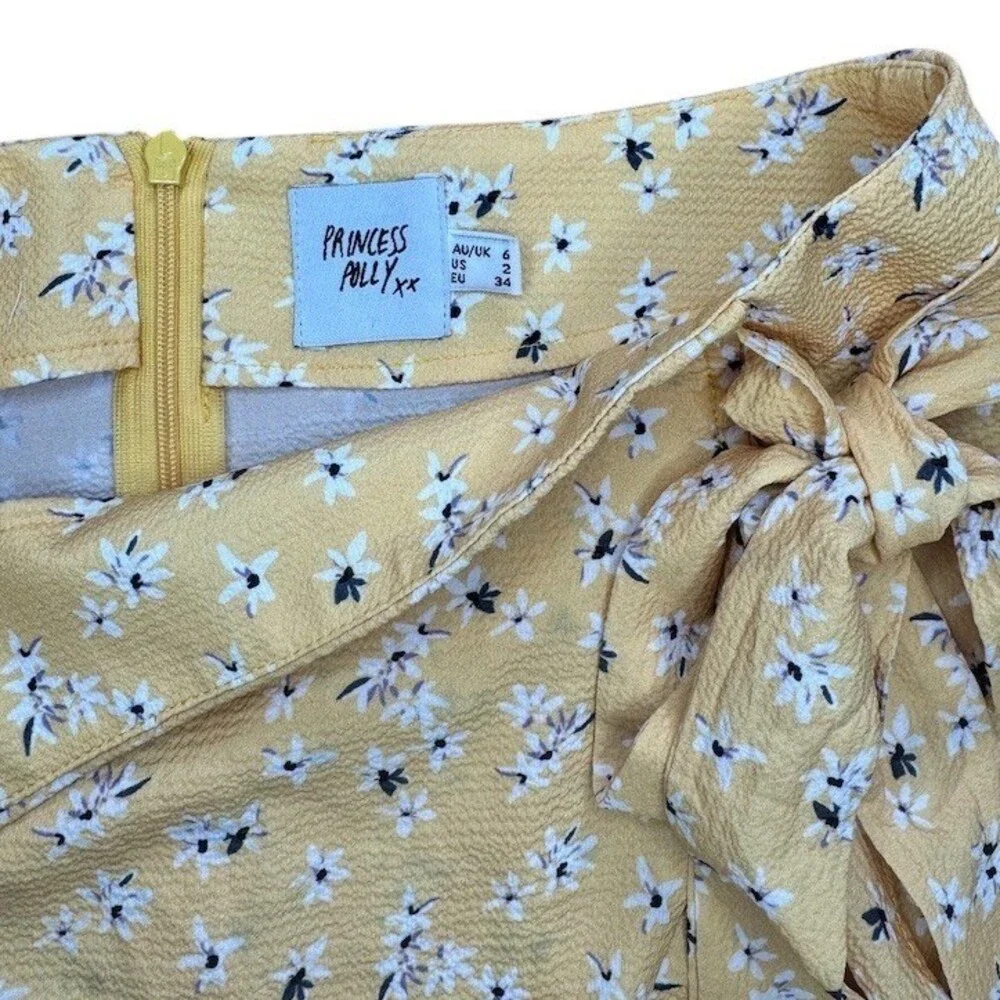 Princess Polly Mini Skirt Womens Size 2 Yellow Ditsy Floral Wrap Tie